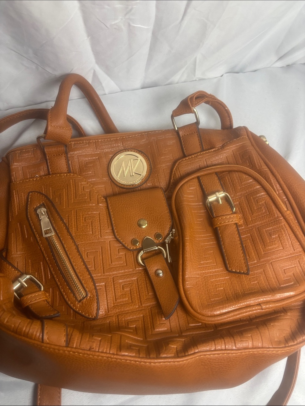 Cognac Embossed Leather Satchel with Gold Medallion